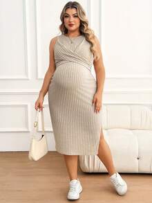 Plussiva Đầm ôm dáng không tay, xẻ tà bên hông, màu trơn, dành cho phụ nữ mang thai cỡ lớn, thích hợp cho mùa hè. - Màu be - Xem 6