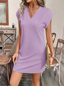 EMERY ROSE Đầm nữ màu trơn cổ chữ V tay cánh dơi kiểu dáng thường ngày - Màu tím - Xem 5