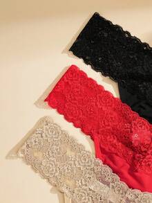 NudeFit 3pcs Women Plus Size Low-Waist Solid Color Floral Lace Sexy Thong Panties - Multicolor - View 8