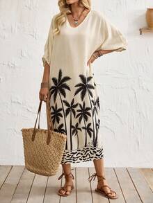 Breezaya Women's V-Neck Three-Quarter Sleeve Palm Tree Print Midi Dress,White Summer Casual Tropical Beach Vacation Holiday,Loose Flowy Resort Wear Cover Up - Apricot - View 3