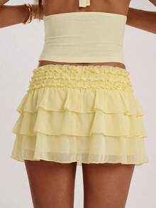 SHEIN BAE Chiffon Ruffle Hem Mini Skirt With Lining, Suitable For Beach Vacation, Music Festival, Summer, Sexy And Cute Mini Skirt - Light Yellow - View 2