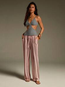 Athîral Women's Casual Vacation Pink Crochet-Look Wide Leg Pants, Spring/Summer - Pink - View 3