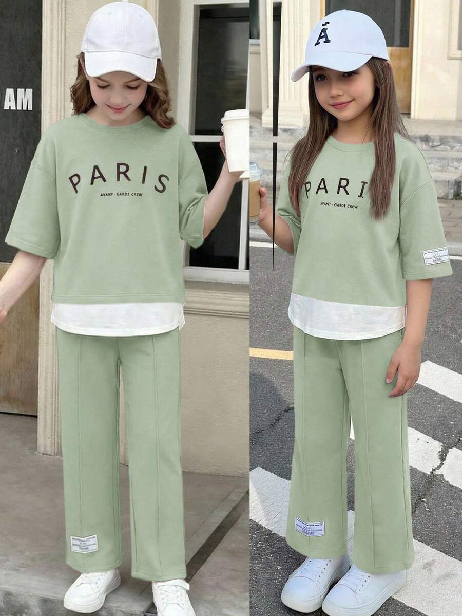 SHEIN Serisse Kids 少女绿色春夏针织圆领宽松拼接撞色英文印花贴片圆领宽松阔腿裤休闲简约学院风T恤套装,2件套 - 綠色 - 查看 1