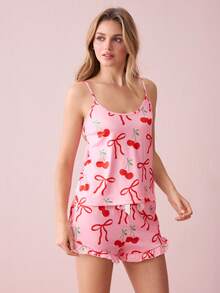 Snug Zone 可爱樱桃蝴蝶结 INS 甜美女孩夏季女士睡衣套装 - 彩色 - 查看 5