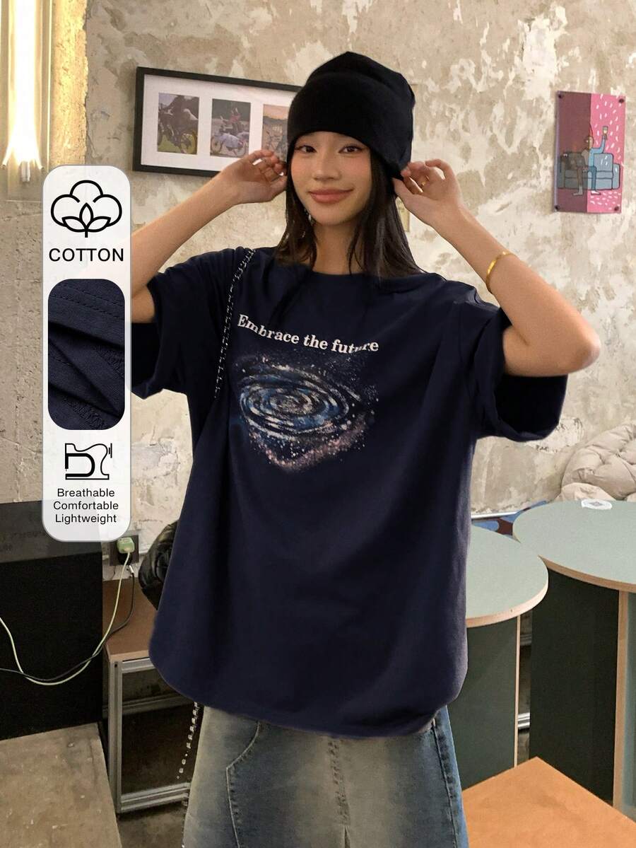 DAZY Camiseta de mujer de cuello redondo, estilo coreano, lavada - Azul Marino - Ver 1