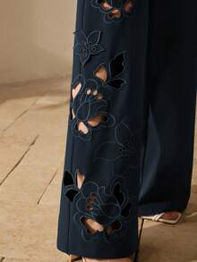 Anewsta Women's Elegant Embroidered Hollow Out Elastic Waist Straight Leg Pants, Suitable For Formal Occasions - Navy Blue - View 1