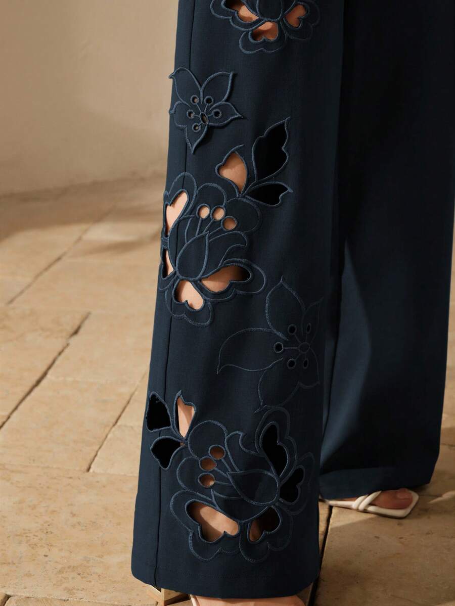 Anewsta Women's Elegant Embroidered Hollow Out Elastic Waist Straight Leg Pants, Suitable For Formal Occasions - Navy Blue - View 1