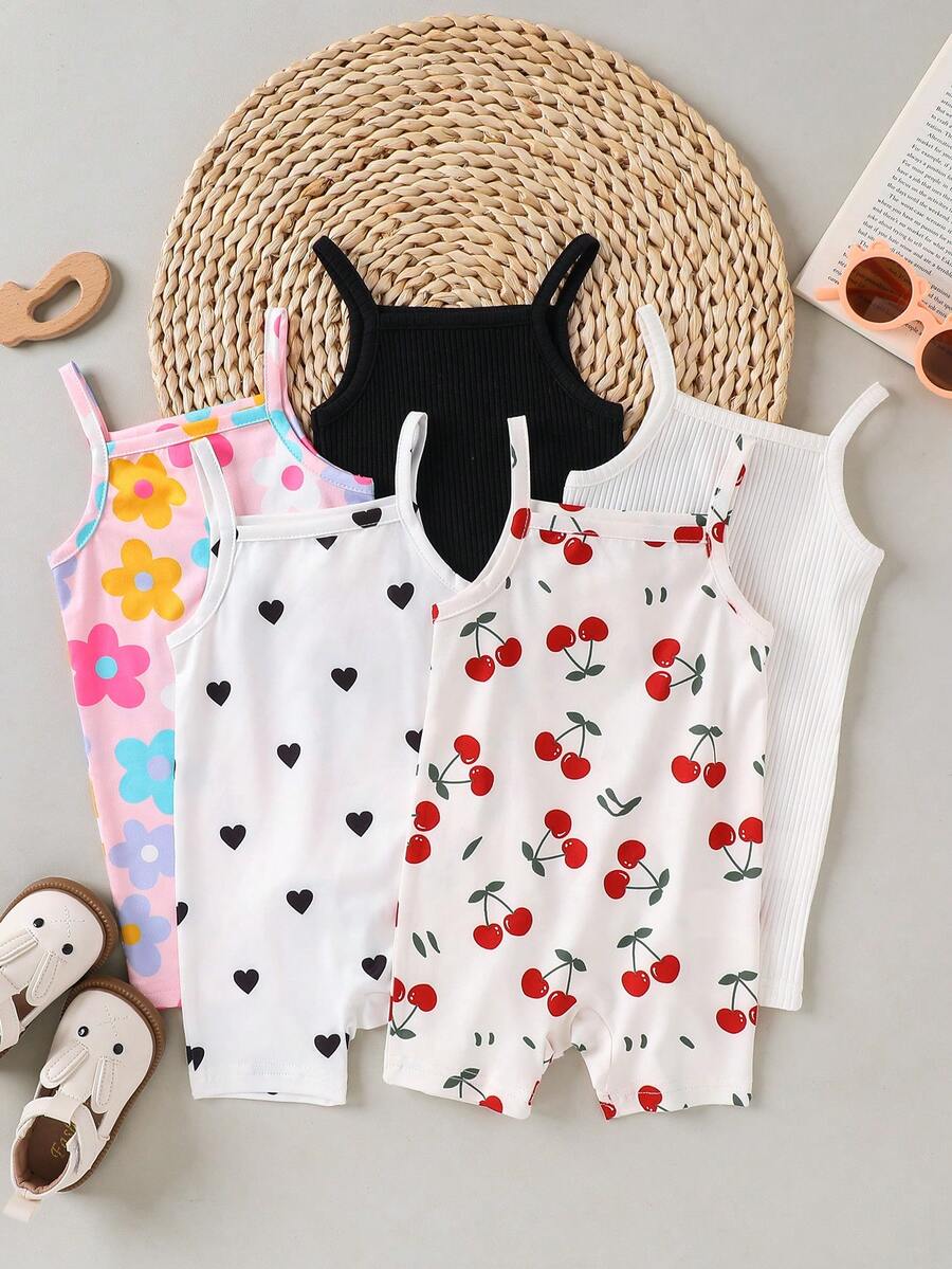 SHEIN 5pcs/Set Baby Girls Spaghetti Strap Romper Floral Heart Cherry Print Sleeveless One Piece For Summer Cute Baby Girls Summer Romper With Spaghetti Straps And Various Prints Including Floral Cherry Heart Happikins Cute Cherry Print, "Cherry Girl" Baby Girl Casual Romper, Suitable For Spring & Summer, Relaxing Vacations, Beach Weekends, Cute Summer Outfits For Summer Baby Girl Items, Korean Style, Beach Mode On, Summer Outing Items - Multicolor - View 1