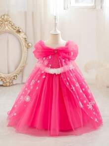 Glamorique Kids 2026春夏新款柔软舒适蓬蓬裙，时尚新潮，度假旅行必备，女童公主网纱连衣裙，玫红色亮片派对礼服，印花薄纱蓬蓬裙，白色毛边，四季皆宜，中东和欧洲风格 - 玫紅色 - 查看 6