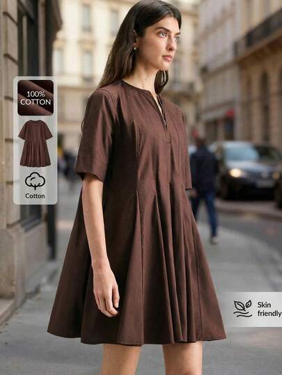 Ontre 2026SS Women's Brown Coffee Comfortable Soft Fabric Dress With Pockets, Round Neck, Metal Zipper, A-Line Silhouette, Short Sleeves, Flared Skirt, Splicing Design, Flowing And Dynamic, Modern Urban Casual Business Dress, High-Quality, Designer, Minimalist, Versatile, Short Dress Modern Urban Casual Fashion Business Casual Women's Office Wear Low-Key Old Money Style Effortless Temperament High-End Urban Commuting High-Quality Airport Women's Wear Coffee Brown Dress