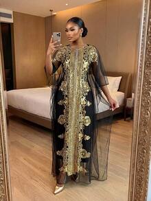 SHEIN Lady CURVE Áo sơ mi rộng rãi, cổ bèo nhún, vải dệt màu vàng Boho thanh lịch, giản dị, mùa xuân và mùa hè, áo sơ mi trễ vai mùa hè, áo sơ mi ngắn cỡ lớn - màu đen - Xem 4