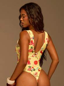 Athîral Ladies' Cute Fruit Printed Backless Ruffle Edge One-Piece Swimsuit,Summer Yellow Floral Western Style Holiday Swimwear For Beach Vacation - Yellow - View 2