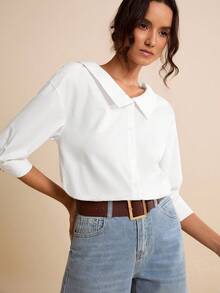 LOTSLUV 女士宽松休闲白色纯棉短袖衬衫，春夏款 - 白色 - 查看 3