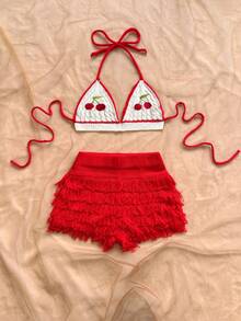 SHEIN WYWH Women's Holiday Cherry Embroidery Cropped Halter Knit Top And Fringe Knit Shorts 2 Pieces Set - Red and White - View 3