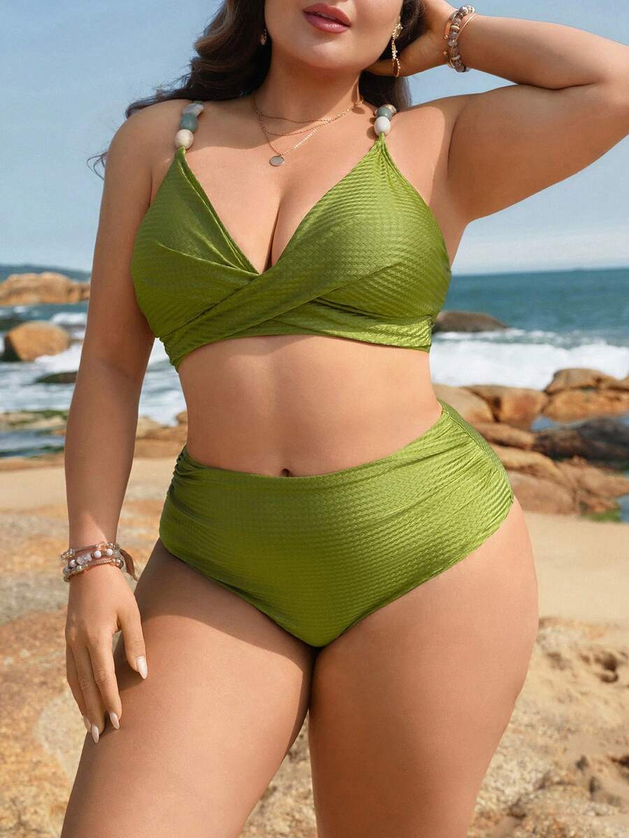 Swim Lushoire Đồ bơi hai mảnh cỡ lớn dành cho nữ, màu trơn, chất liệu vải Thor, dây đeo chéo, đính hạt. - màu xanh lá - Xem 1