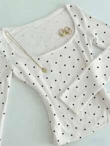 SHEIN Plus Size Women's Polka Dot Print Square Neck Long Sleeve T-Shirt - Multicolor - View 3