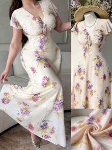 Vibekara Vestido con volantes y estampado floral para vacaciones, fresco y elegante - Albaricoque - Ver 1