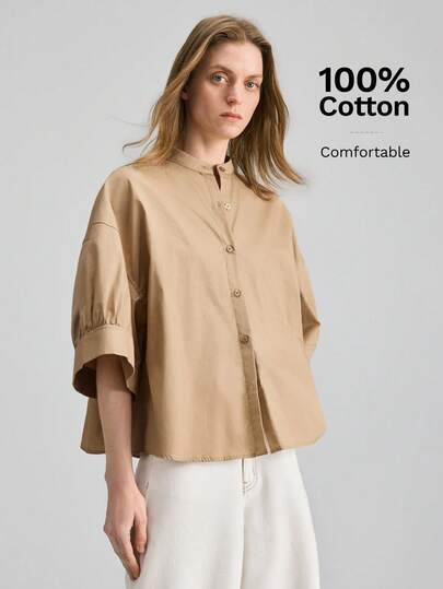 Ontre 2026春夏新款卡其色圆领单排扣七分袖喇叭下摆衬衫，女士教师制服，机场休闲装，收腰修身短款上衣，夏季休闲装，商务休闲，百搭单品，白色，高品质都市通勤机场邮轮装，季节性百搭单品，婚礼，假日，复活节