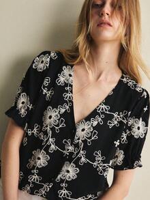 Écloséra Nueva blusa de mujer con escote en V y manga corta bordada, para primavera/verano - Multicolor - Ver 2