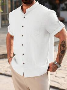 Manfinity Homme Camisa casual de manga corta de un solo pecho con bolsillo de unicolor para hombres de talla grande - Blanco - Ver 6