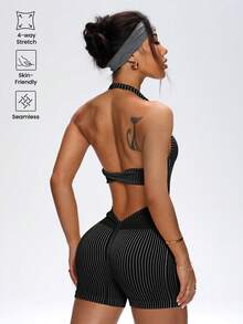 Easithlete Women's Striped Open Back Halter Neck Romper - Black and White - View 3