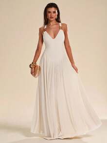 SHEIN BAE Đầm nữ dáng chữ A rộng rãi, màu trơn, kiểu dáng thường ngày, gợi cảm, đính kim loại, thích hợp cho kỳ nghỉ biển, khu nghỉ dưỡng biển, du lịch nghỉ mát, đầm đính kim loại, đầm đi biển, đầm trắng, đầm thanh lịch. - Màu be - Xem 2