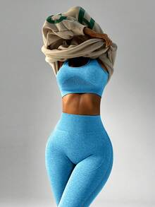 Slayform Women's Solid Color Cropped Tank Top And Leggings Sports Set - Blue - View 6
