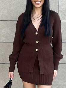 Hitanina 女士新款秋冬百搭日常穿搭落肩收腰针织开衫V领长款落肩修身迷你裙两件套，复古风格针织套装 - 咖啡棕 - 查看 3