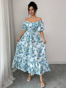 Elenzga Women's Elegant Fashion Commuter Casual Comfortable Charming Retro Minimalist High-End High-End Gentle Lady Palace Square Collar Puff Ruffle Sleeve Front Criss-Cross Tie Waist Slimming A-Line Dress (Random Print) - Blue - View 7