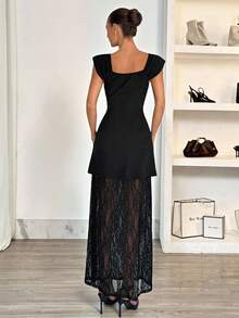 Siren Gaze Square Neck/Off-The-Shoulder Style Black Lace-Trimmed Long Dress For Women, Perfect For Summer. Elegant High-Waisted Dress, New Summer Design, Sophisticated And Stylish, Sheer Mesh Lace Trim, Perfect For Banquets Sexy Elegant Dress Black Lace Dress Black See Through Dress Lace Insert Dress 2 In 1 Dress - Black - View 2
