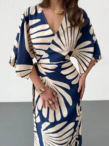 RiviMae 2026 New Spring/Summer Vacation Style Elegant Water Print Wrap Design Relaxed V-Neck 3/4 Sleeve Fitted Long Dress For Women - Blue - View 4