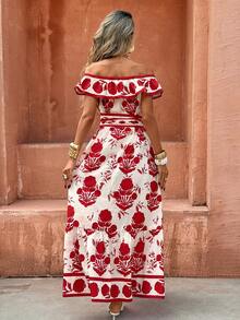 Selianne 优雅印花长裙，女士夏季度假时尚露肩腰带连衣裙，适合海滩度假 - 紅色 - 查看 2
