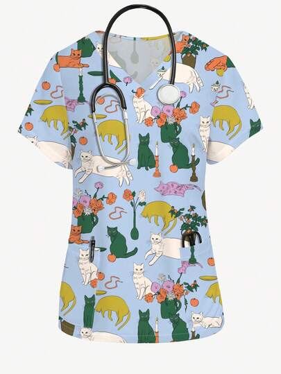 PopScrub Cat & Vase Artistic Design Cartoon Print Nurse Uniform Top, V-Neck Short Sleeve Scrub Shirt, Nursing Uniform For Women, Cat Animal Themed Apparel