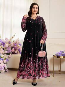 Modelyn Đầm dài tay cổ chữ V họa tiết hoa thanh lịch cỡ lớn cho nữ - màu đen - Xem 3