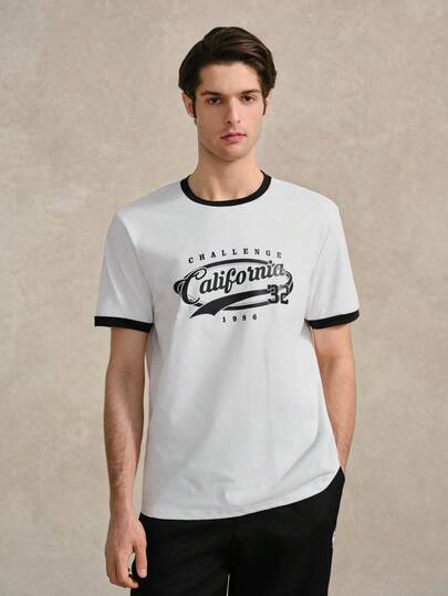 Courvante 复古美式椭圆形英文字体印花休闲时尚男士短袖T恤，黑白拼接设计，适合约会、派对等场合，是送给男友的绝佳礼物，网球风学院风