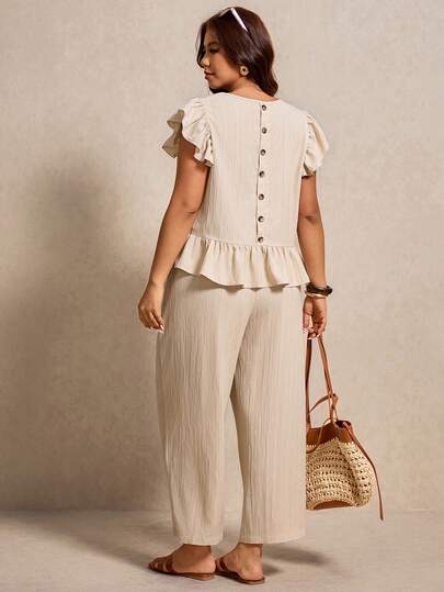Elaquor Plus Size Casual Solid Color Ruffle Trim Shirt And Pants 2 Pieces Set