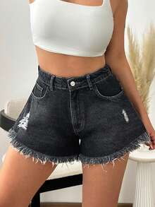 SHEIN Women Washed Detail Relax Fit Frayed Hem Mini Denim Short - Dark Wash - View 6