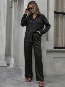 EURMUSE Foil Leopard Printed Blouse And Drawstring Slant Pockets Long Pants Elegant Cozy 2pcs Set - Black - View 4