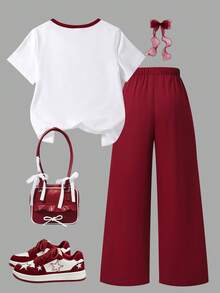 SHEIN Genkimix Kids 两件套女童宽松休闲撞色蝴蝶结印花短袖T恤搭配纯色蝴蝶结长裤，修身版型，适合夏季旅行、度假、上学和户外活动穿着。 - 紅白色 - 查看 2