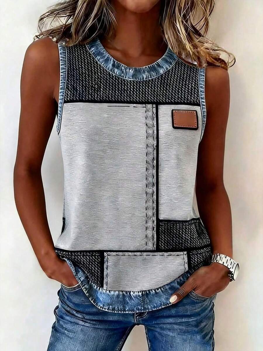 EMERY ROSE Women's Casual Versatile Round Neck Denim Effect Print Tank Top - Multicolor - View 1