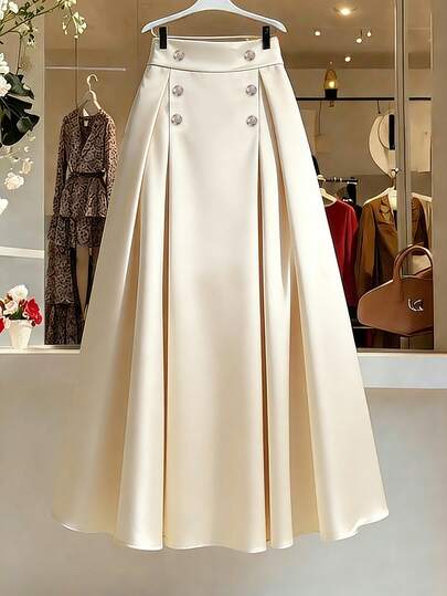 GlowEve CURVE Plus Size Women's Fashionable Elegant Double-Breasted Shiny Midi Skirt Cream Skirt Skirt With Buttons Satin Skirt