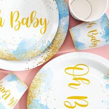 Gold & Blue Baby Disposable Plates, Napkins And Cups Set, Serves 20 Guests. This Disposable Party Set (Including Plates, Napkins And Cups) Is Perfect For Birthday Parties, Weddings And Family Picnics. - View 6
