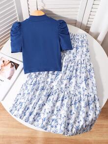 SHEIN Bộ đồ 2 món cho bé gái tuổi teen: Áo thun tay phồng đính ngọc trai và chân váy in hoa, kiểu dáng thường ngày. - Nhiều màu - Xem 2