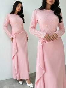 Firerie 女士优雅花卉印花长袖礼服，适合舞会、派对、婚礼、宴会、毕业典礼、音乐会、秋冬季 - 粉色 - 查看 2