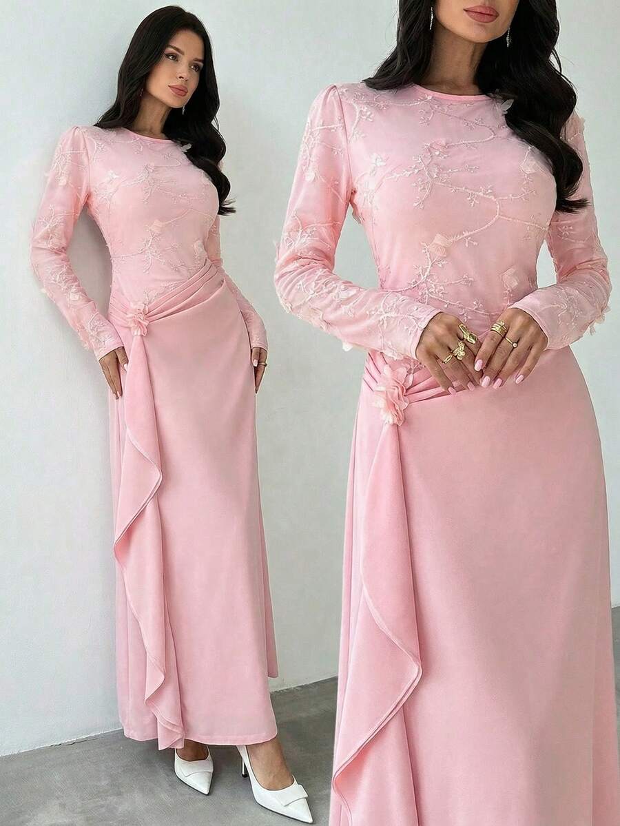 Firerie 女士优雅花卉印花长袖礼服，适合舞会、派对、婚礼、宴会、毕业典礼、音乐会、秋冬季