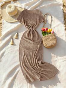 Breezaya 2026春夏新款欧美风性感修身腰部休闲度假日常户外女士浪漫海滩派对晚宴海边针织米色女式毛衣连衣裙，镂空慵懒舒适 - 藕粉色 - 查看 2