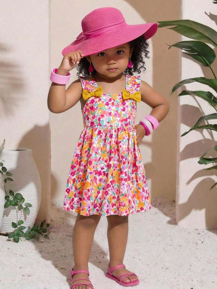 SHEIN Baby Girl Cute Floral Pattern Bow Strap Sundress, Summer Squishy Summer Outfits Summer Clothes Summer Dresses Vacation Spring Dresses Vacation Dresses - Multicolor - View 1