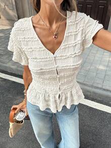 SHEIN PariChic 女士新款春夏法式优雅通勤甜美蕾丝短款上衣，通勤商务海滩度假 - 杏色 - 查看 3