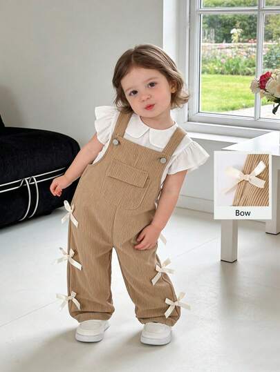 Pantalones de peto vaqueros de estilo casual para niñas, color caqui con decoración de lazo, pierna recta holgada, tela suave y cómoda, versátil para uso diario, adecuado para primavera, verano, otoño e invierno