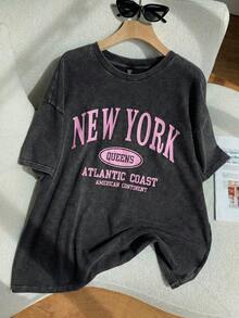 SHEIN EZwear 大码女式印花T恤，大码T恤，街头服饰，90年代风格服装，纽约印花休闲简约图案圆领短袖宽松T恤，酸洗复古针织做旧柔软面料，适合春夏穿着 - 彩色 - 查看 3